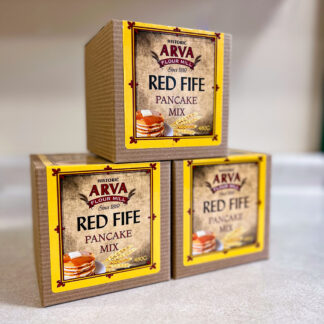 Three boxes of Red Fife Pancake Mix from Arva Flour Mill.