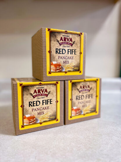 Three boxes of Red Fife Pancake Mix from Arva Flour Mill.